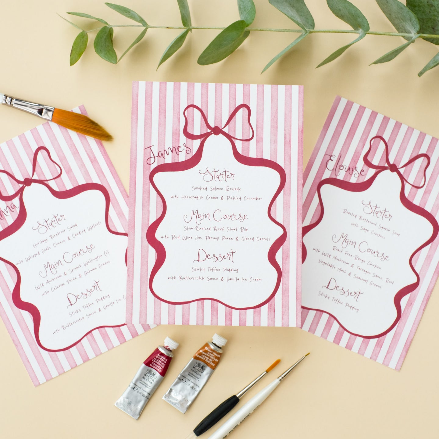 wedding menu with white and burgundy stripes with bow